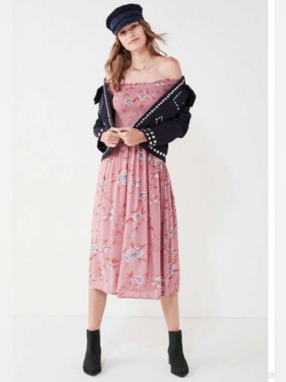 UO Kimchi Blue Floral Smocked Off-Shoulder Mauve Pink Midi Dress, Size XS